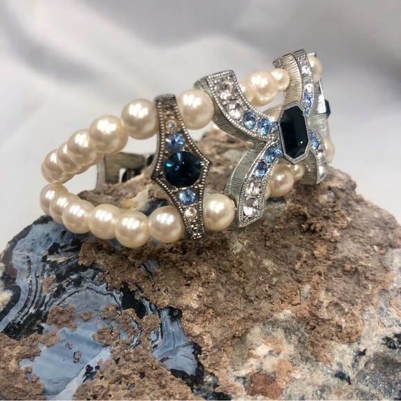 Vintage Jewelry - Vintage 2 Strand faux pearl blue rhinestone bracelet